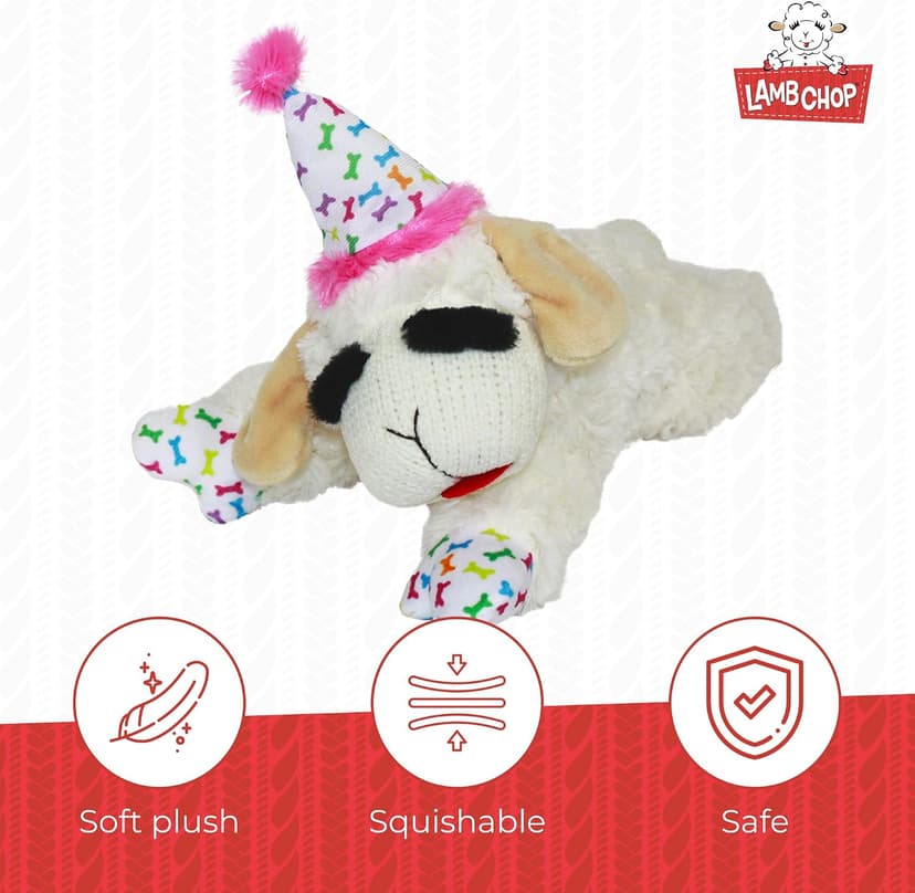 Soft Plush Dog Toy, Stuffed Animal Dog Toy For Playing, Cute Birthday Toy 10.5”, Pink Hat, 5 Squeakers Multipet Lamb Chop Dog Plush Toy with Birthday Hat - Squeaky Dog Toy B0BKH23JXC