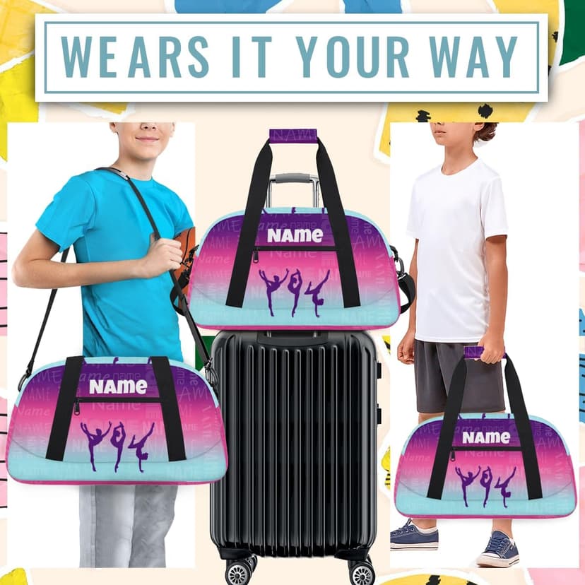 Opalaughs Custom Gymnastics Bag with Name Personalized Dance Bag Sport Gym Travel Duffel Bags for Women Weekender Overnight Duffle Bags