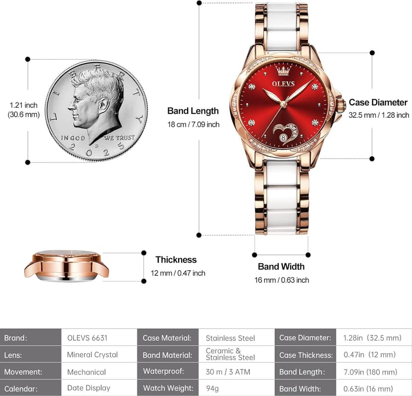 OLEVS Womens Automatic Watch, Premium Large Face Diamond Accented Self Winding Watches for Women, Fashion Waterproof Ladies Dress Watch, Two Tone Stainless Steel Ceramic Bracelet