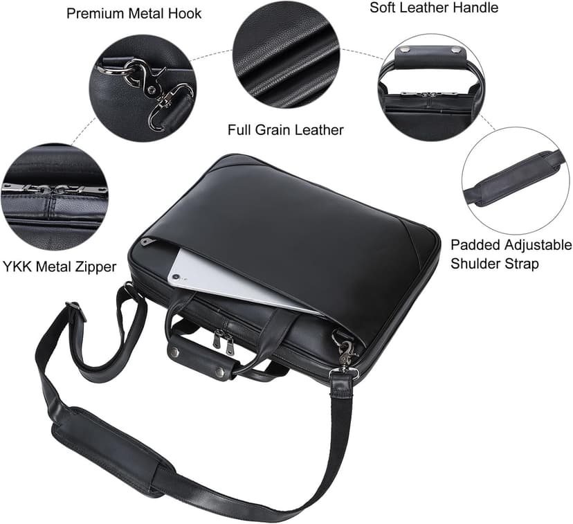 Masa Kawa Leather Slim Briefcase for Men 16” Laptop Shoulder Messenger Computer Bag Business Travel Work Attache Case