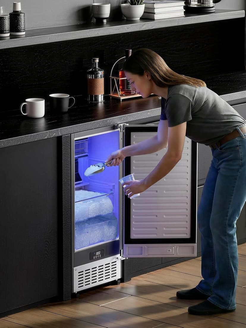 Coolski Commercial Nugget Ice Maker Machine, 100Lbs Daily Production, Under Counter Sonic Ice Machine with 20Lbs Dual Storage Bin, Pebble Pellet Ice Maker for Home, Office, Cafe, Gravity Drain