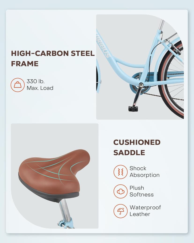 VIRIBUS Womens Cruiser Bike, 7 Speed Beach Cruiser Bike for Women, 26 inch Women Bicycle with Rattan Basket, City Commuter Vintage Retro Step Through Bicycle for Female Ladies Seniors, 330 Lb.