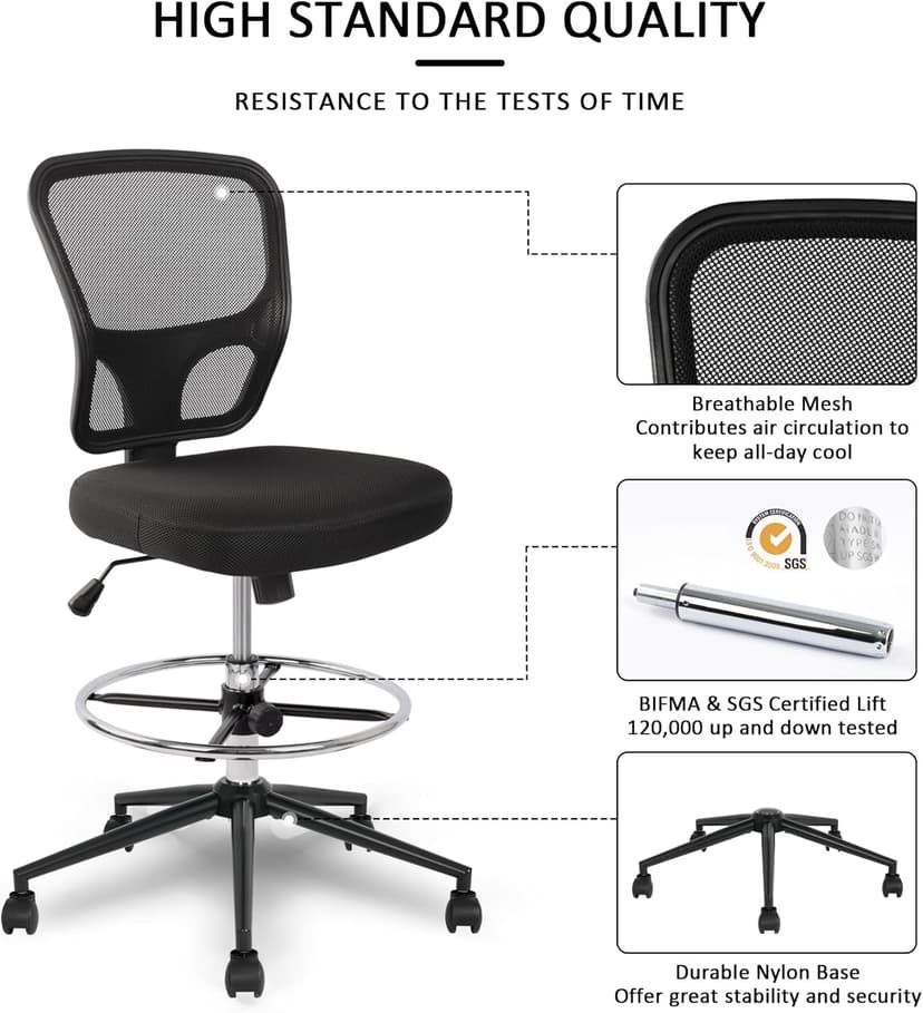 Armless Drafting Chair Tall Office Chair Adjustable Height High Back Ergonomic Desk Chair Drafting Stool Rolling Bar Stools Chairs with Footrest and Wheels