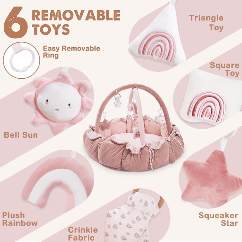 HAN-MM 5-in-1 Convertible Baby Play Gym with 6 Toys, Tummy Time Mat for Sensory Development, Baby Activity Center from Newborn to Toddler, Ball Pit, Soft Plush Pet Mat, Pink