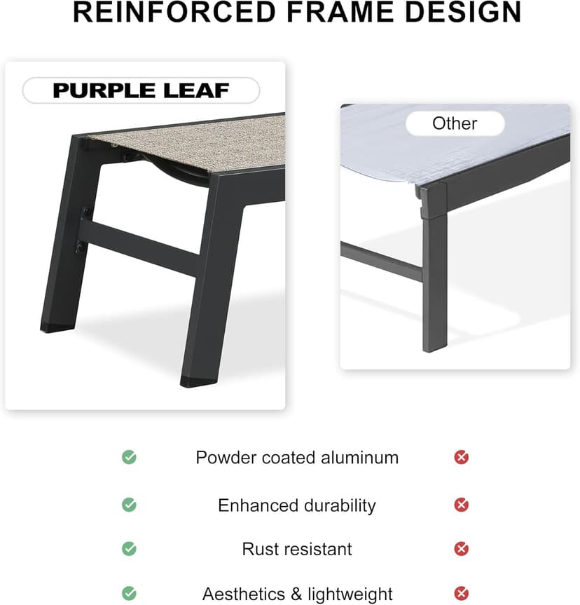 PURPLE LEAF Outdoor Chaise Lounge Set of 2 Aluminum Patio Lounge Chair with Wheels and Side Table Pool Chaise Lounge Chair for Outdoor Backyard Poolside Camel (2 Lounges Chairs W/Table)