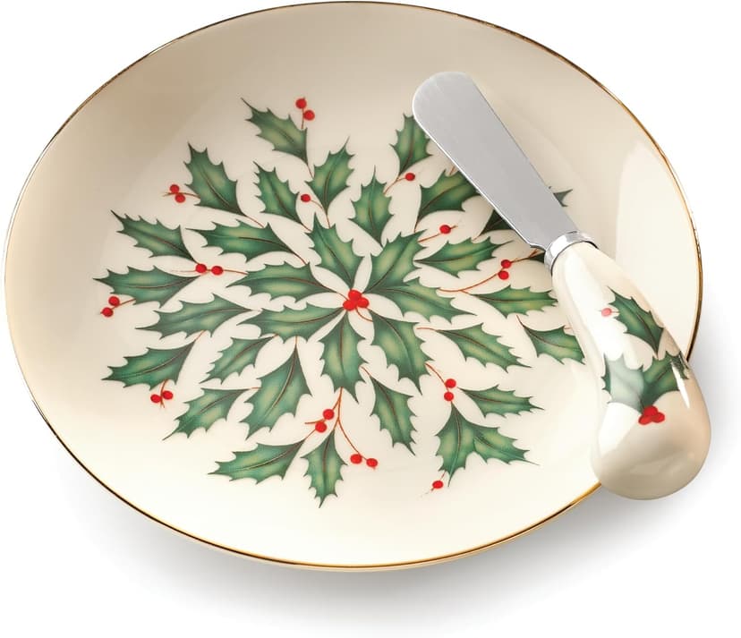 Lenox Serveware, Hosting The Holidays Cheese Plate & Knife Set, Service for 1, Ivory Porcelain, Dishwasher Safe, 6.75 Inch Diameter, Christmas Decorations, Christmas Decor (White/Green/Red, 2 Pieces)