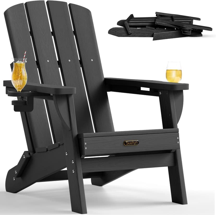 Folding Adirondack Chair, HDPE All-Weather Fire Pit Chairs, Plastic Adirondack Chairs with 2 Cup Holder, Outdoor Lawn Chair for Patio Garden (Black)