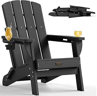 Folding Adirondack Chair, HDPE All-Weather Fire Pit Chairs, Plastic Adirondack Chairs with 2 Cup Holder, Outdoor Lawn Chair for Patio Garden (Black)