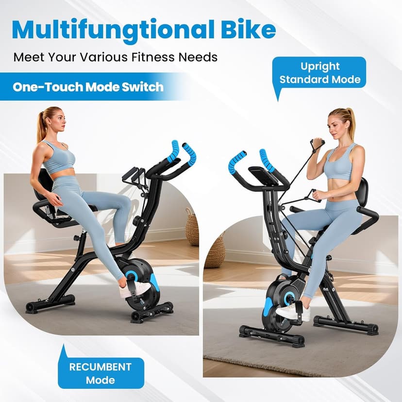 Foldable Exercise Bike, Multifunctional Indoor Stationary Bikes for Home with 8-Level Magnetic Resistance, Quiet Workout Bike with Arm Resistance Bands, LCD Monitor, 300LBS Capacity