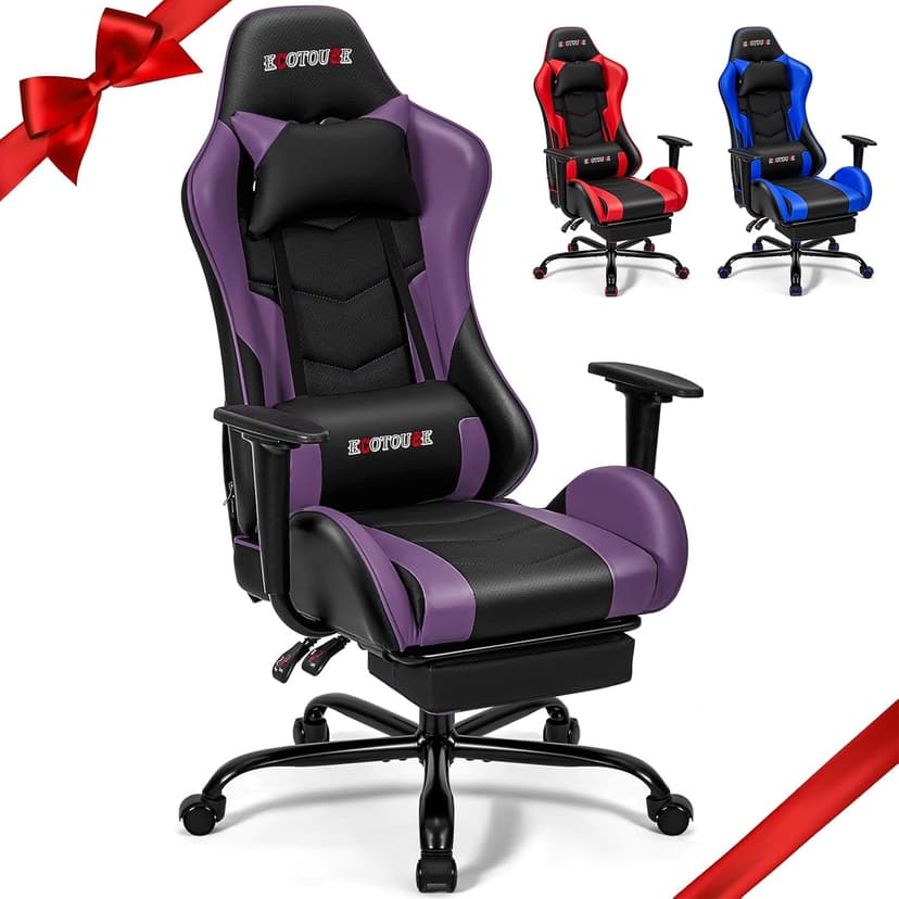 ECOTOUGE PC Massage Gaming Chair with Footrest Ergonomic Office Desk Chair Racing PU Leather Recliner Swivel Rocker with Headrest and Lumbar Pillow, Violet