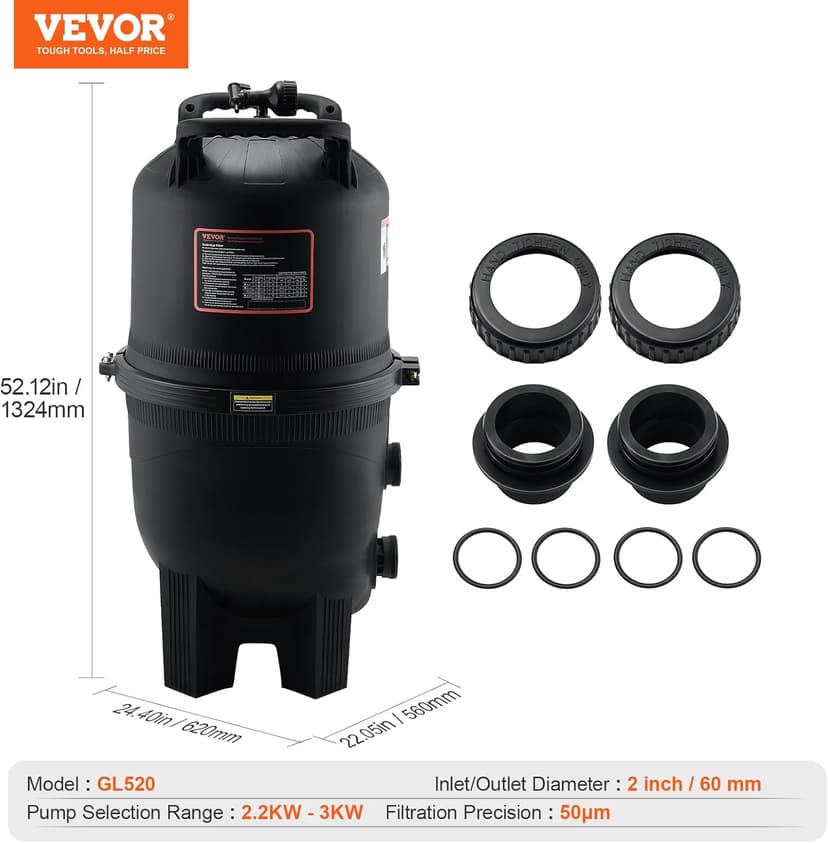 VEVOR 2025 Pro Cartridge Pool Filter Tank & Element for Above Ground & Inground Pools, Large 520-525Sq. Ft Cleaner System Compatible W/Pumps 1 to 3 HP| Up to 15311 GPH |for Pools Up to 122490 Gallons