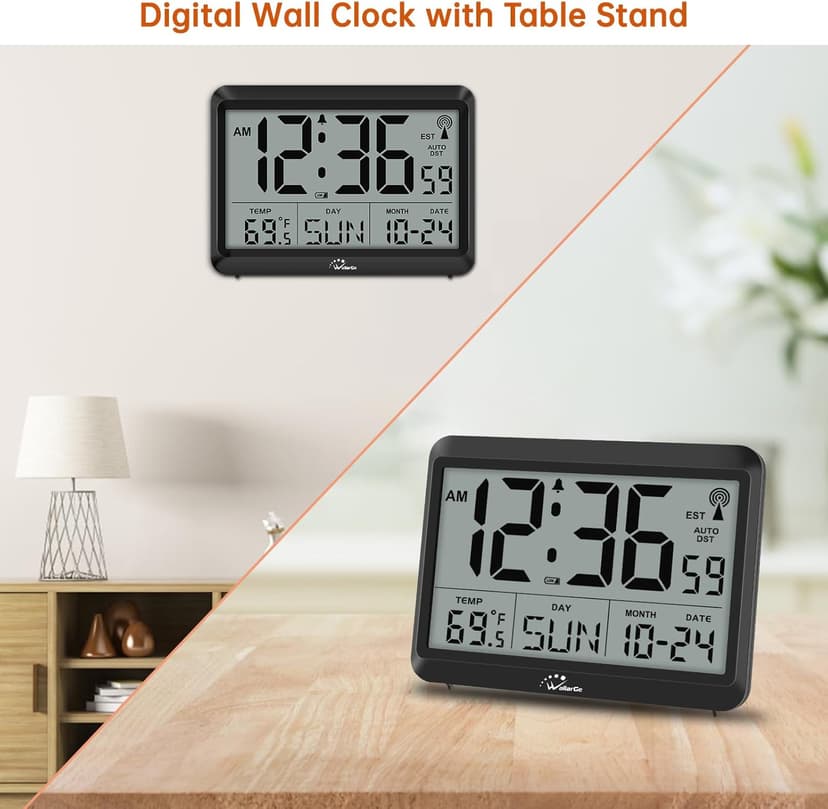 WallarGe Atomic Digital Wall Clock Battery Operated, Self-Setting, Large Display with Temperature, Date, Day of The Week, Silent Wall Mount Digital Clock, 4 Time Zones, DST