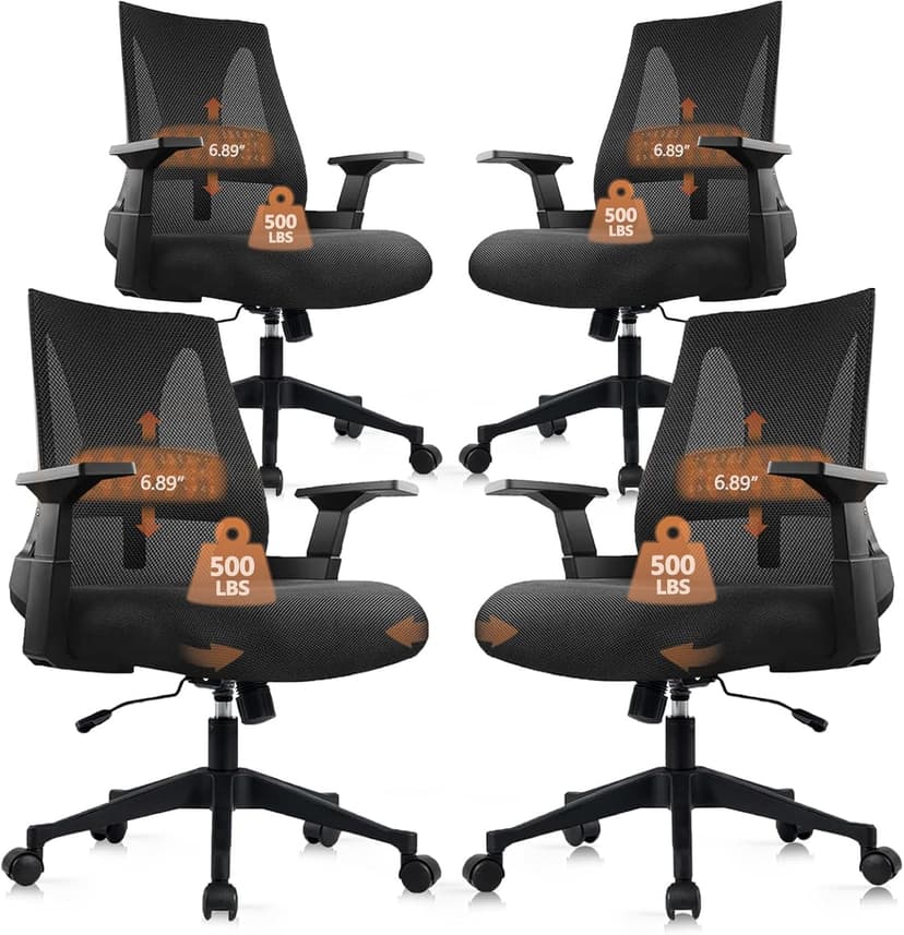 CLATINA 500lbs Big and Tall Office Chair Heavy Duty Mesh Ergonomic Computer Chairs with Adjustable Lumbar Support and Wide Comfy Seat for Home Office Conference Heavy People, Black, 4 Pack