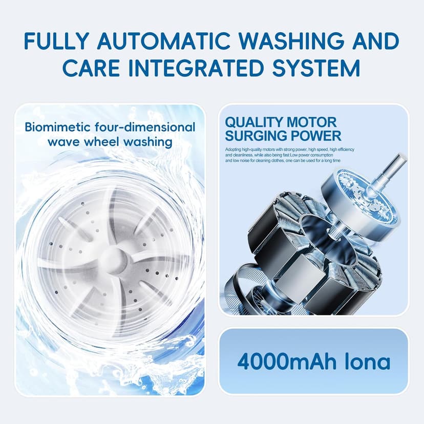 Underwear Mini Washer, 2025 Portable Washing Machine with 4000mAh Cordless Rechargeable Battery for Deep Cleaning Small Clothes, Perfect for Travel, Solo Living, Apartments, Camping
