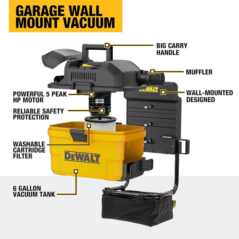DEWALT Portable 6 Gallon 5 Horsepower Wall-Mounted Garage Wet Dry Vacuum Cleaner DXV06G