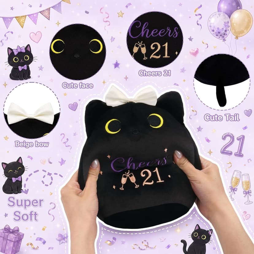 8inch Cat Stuffed Anmals with Cheers 21, Soft Plush Cute 21 Year Old Birthday Gifts for Girls Women 21st Birthday Black Cat Plush, 21st Birthday Gifts for Girls Her B0H2GV3YWL