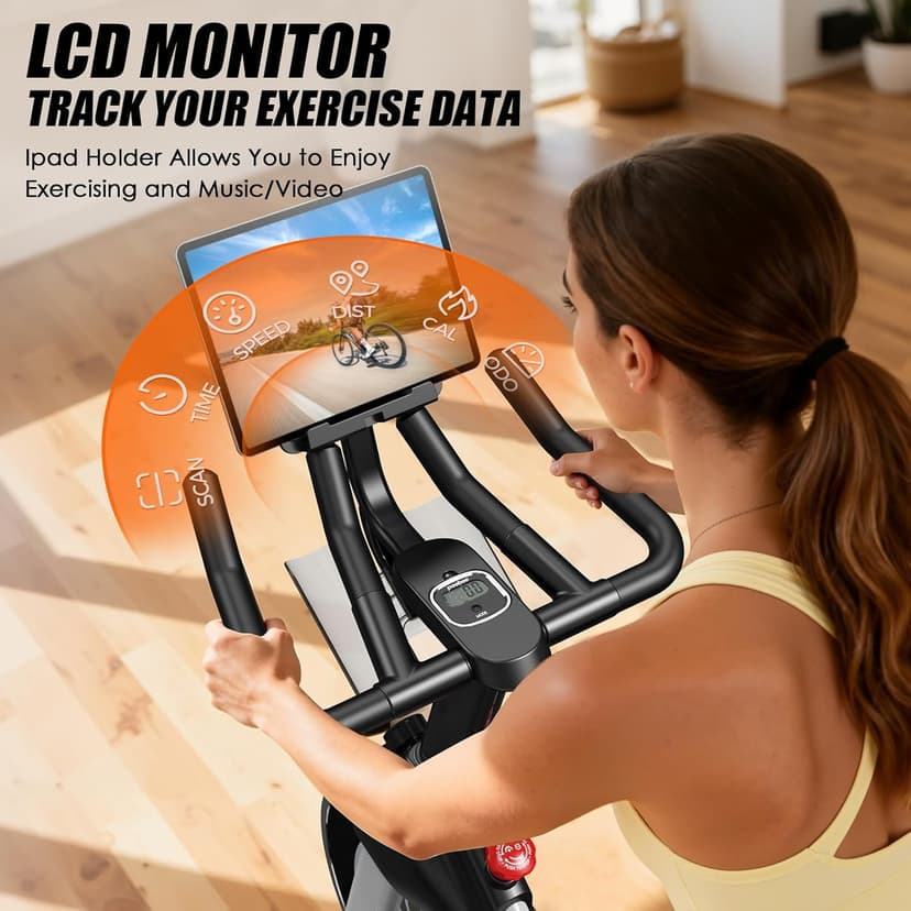 POOBOO Magnetic Exercise Bike, Quiet Stationary Bike with App and 350lbs Weight Capacity, Indoor Cycling Bike with LCD Monitor and Tablet Holder, Heavy Duty Workout Bike for Home Gym Weight Loss Fitness Bike, Adjustable Magnetic Resistance Silent Belt Driver,