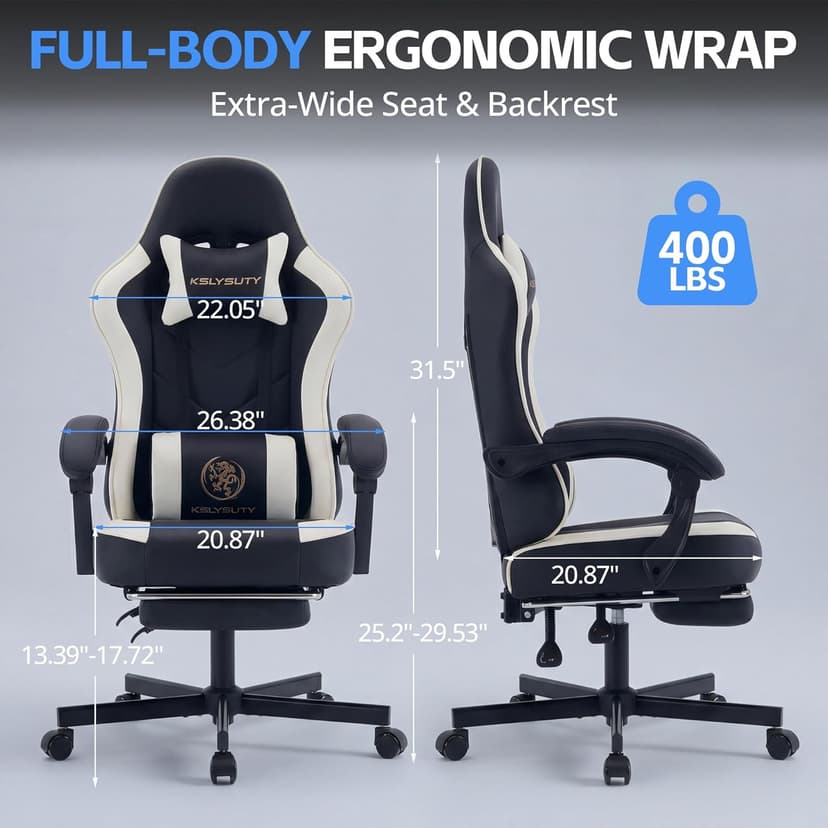 Desk Computer Gaming Chair - High Back Ergonomic Office Chair with Footrest and Lumbar Support, Swivel Comfy Home Gamer Video Game Chairs with Pocket Spring Cushion for Adults (White Leather)