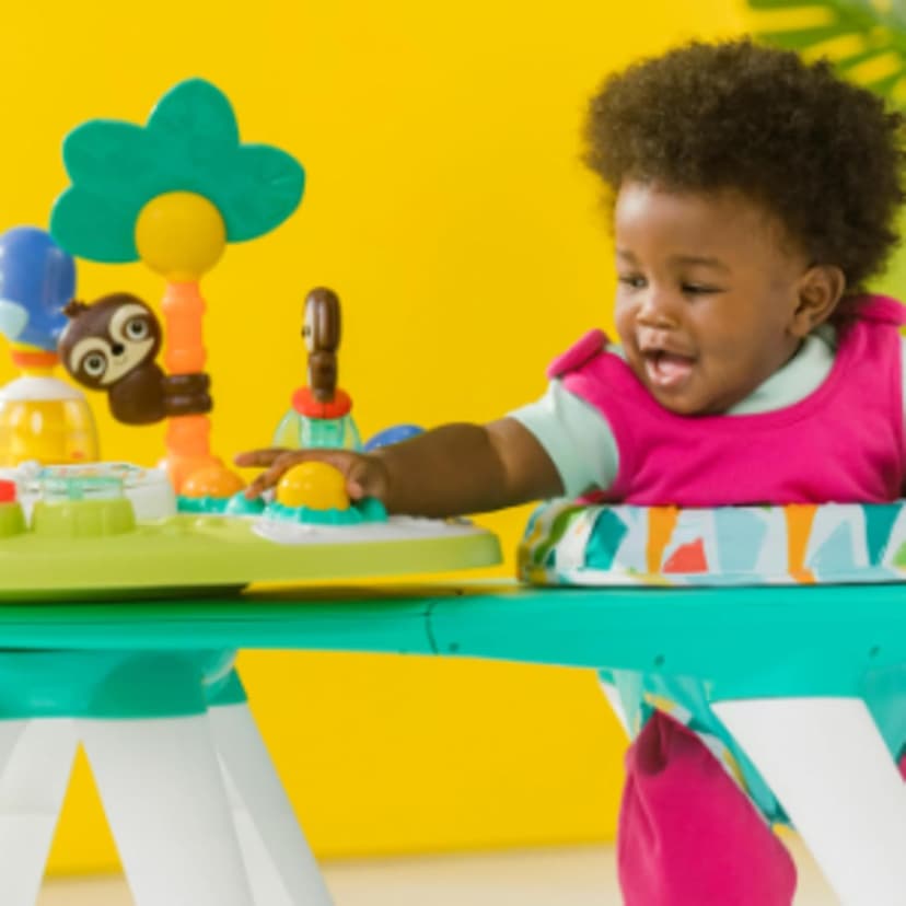 Bright Starts Around We Go 2-in-1 Baby Walker, Discovery Activity Center and Table, Tropic Cool, Ages 6 Months+
