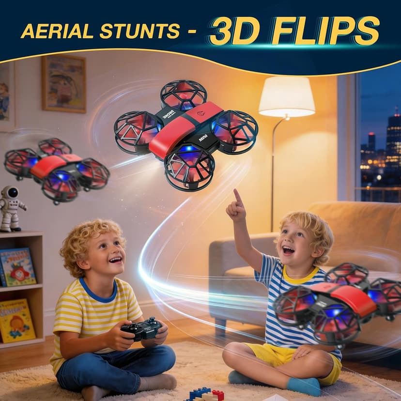 Red Mini Drone for Kids, Indoor & Outdoor RC Quadcopter, Full Propeller Guards, LED Light, 3D Flips, One Key Start, Headless Mode, 2 Rechargeable Batteries, 21 Mins Total Flight Time, Toy Gift for Boys and Girls