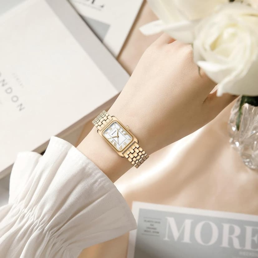 HOLSTOUR Watches for Women Vintage Bracelet Roman Dial Rectangular Case Gold Watch Waterproof with Tools