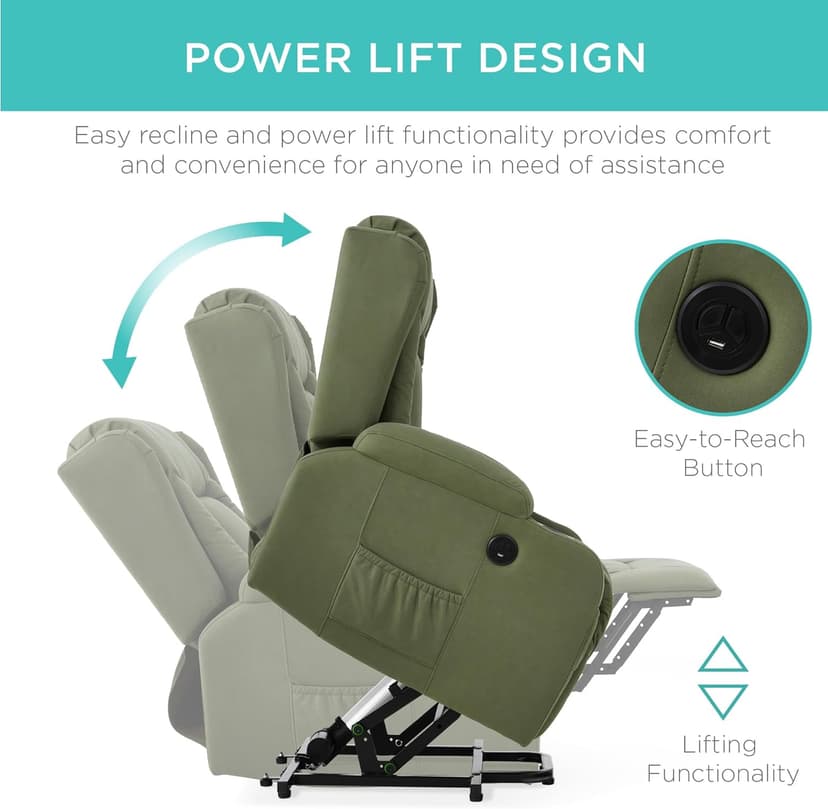 Best Choice Products PU Leather Electric Power Lift Chair, Recliner Massage Chair, Adjustable Furniture for Back, Legs w/ 3 Positions, USB Port, Heat, Cupholders, Easy-to-Reach Side Button - Olive