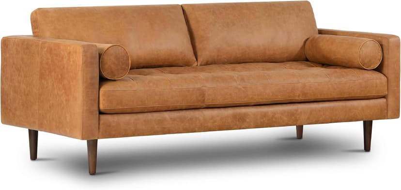 POLY & BARK Napa 88.5" Leather Sofa – Full-Grain Italian-Tanned Aniline Leather, Feather-Down Comfort, Solid Wood Frame, Walnut Legs, Cognac Tan