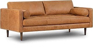 POLY & BARK Napa 88.5" Leather Sofa – Full-Grain Italian-Tanned Aniline Leather, Feather-Down Comfort, Solid Wood Frame, Walnut Legs, Cognac Tan