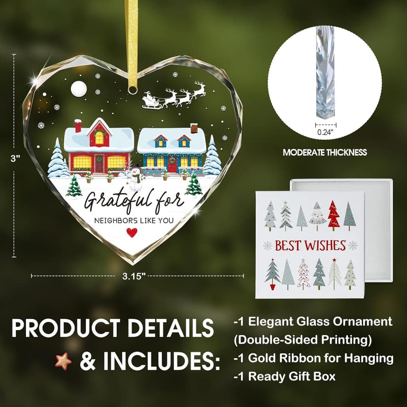 FaCraft Neighbor Gifts Christmas Ornaments 2025 - Xmas Birthday Good Gifts for Neighbors Best Friends Women Men The Neighbors Favor Grateful Heart Shaped Glass Ornament for Christmas Tree Decorations