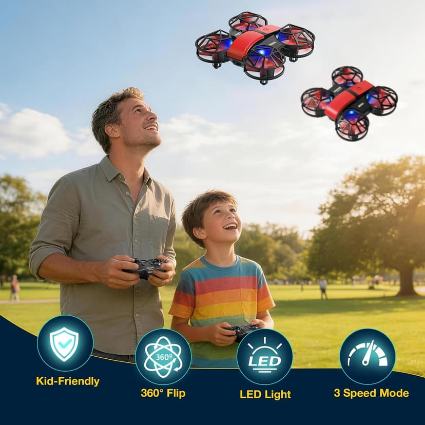 Red Mini Drone for Kids, Indoor & Outdoor RC Quadcopter, Full Propeller Guards, LED Light, 3D Flips, One Key Start, Headless Mode, 2 Rechargeable Batteries, 21 Mins Total Flight Time, Toy Gift for Boys and Girls