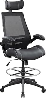 BOLISS Ergonomic Drafting Chair with 4-Level Adjustable Headrest Tall Standing Desk Stool with Soft Microfiber Leather Seat, Breathable Mesh Back, 90° Flip-Up Arms, and Adjustable Foot Ring