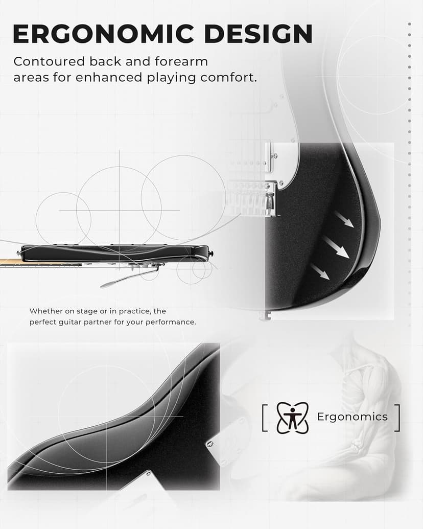 Fesley Left-Handed Electric Guitar: 39" Full Size Beginner Electric Guitar Kit, HSS Pickup, Solid Body Guitar Starter Set with Amplifier, Bag, Strap, String, Cable, FST100L, Black