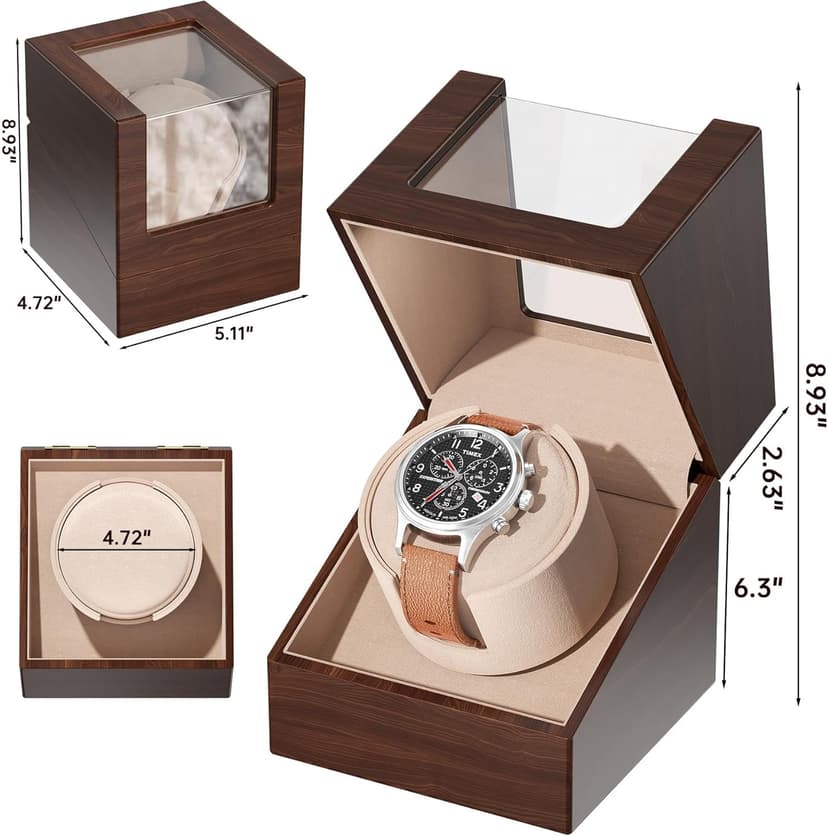 Racokky Racokky Automatic Single Watch Winder Box for Rolex and Other Watches, Ultra Quiet Japanese Motor, Self Winding Rotating Wooden Watch Case, Battery or Type-C Powered, Premium Watch Box for Men and Women