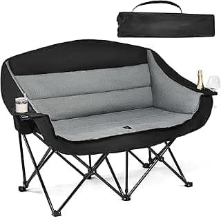 Double Camping Chair Loveseat - 2 Person Oversized Camping Couch for Adults Padded Heavy Duty Outdoor Lawn Beach Portable Folding Chairs with Cup Holders and Carry Bag Support 600lbs, Black/Grey