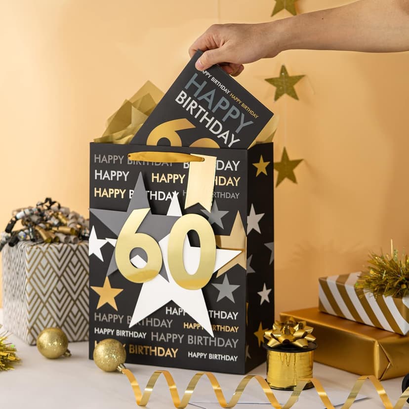 Loveinside Birthday Gift Bag with Tissue Paper and Greeting Card for 60 Birthday - 10" x 5" x 13", 1 Pcs, Black Gold