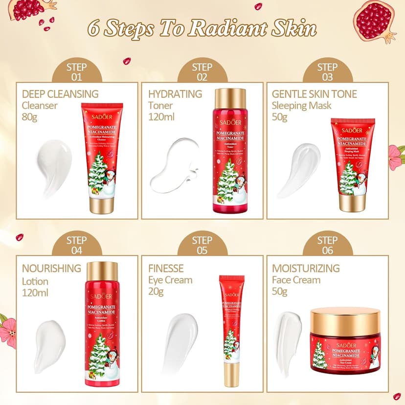 Christmas Gifts 6 Pcs Skin Care Set Pomegranate Moisturize Soothe Hydrate Gifts for Teenage Girls Stocking Stuffers Christmas Gifts for Women-Cleanser,Toner,Lotion,Face Cream,Eye Cream,Sleep Mask