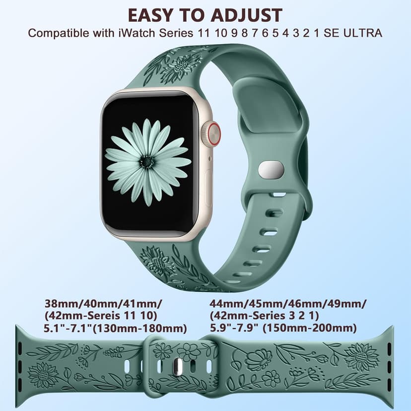 SNBLK 6 Pack Floral Engraved Bands Compatible with Apple Watch Bands 40mm 41mm 42mm 38mm 44mm 45mm 46mm 49mm Women Men, Silicone Flower Pattern Strap for iWatch Series 11 10 Se Ultra 9 8 7 6 5 4 3 2 1
