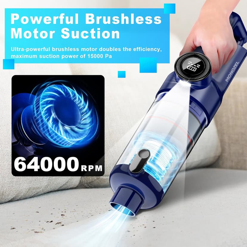 MONOZEL Handheld Vacuum Cordless - Car Vacuum Cleaner with Brushless Motor, 15kPa Powerful Suction Vacuum with LED Light, Type C Port, 2 Fliters, Portable Hand Vacuum for Home, Pet and Car