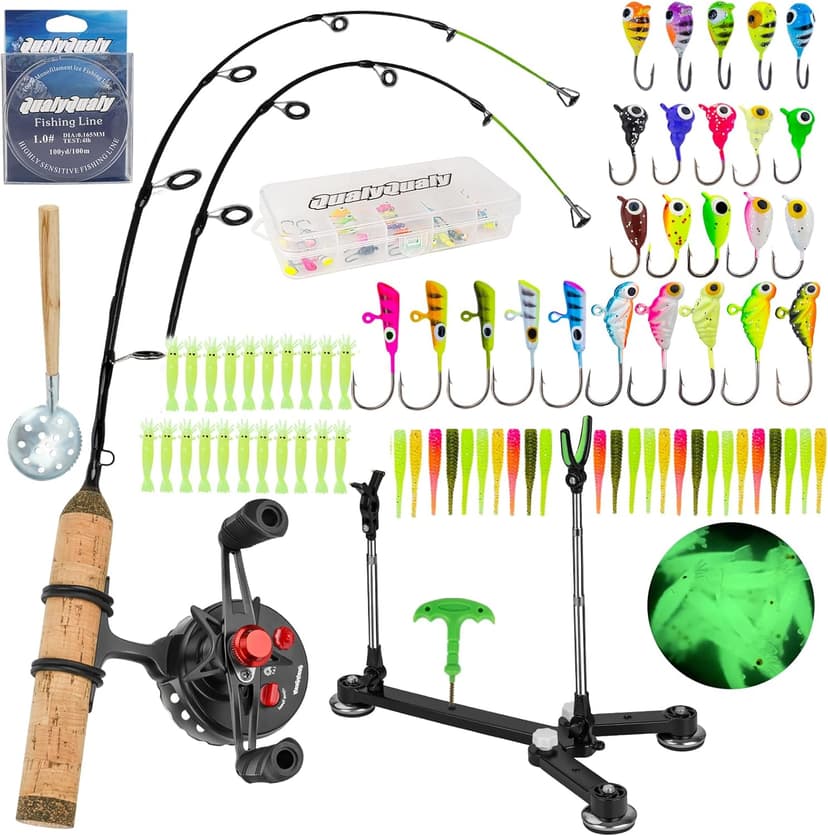 QualyQualy Ice Fishing Rod Reel Combo Complete Set Ice Fishing Gear with Backpack Seat Ice Cleats Ice Fishing Jigs Line Full Ice Fishing Kit 24" 26"