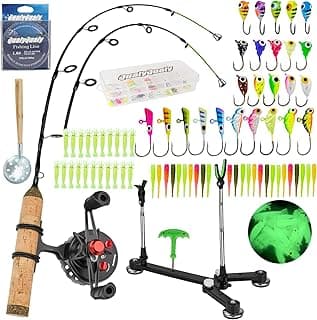 QualyQualy Ice Fishing Rod Reel Combo Complete Set Ice Fishing Gear with Backpack Seat Ice Cleats Ice Fishing Jigs Line Full Ice Fishing Kit 24" 26"