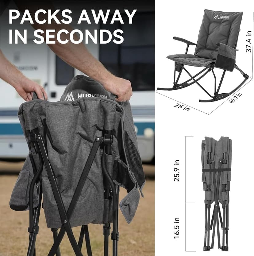 Huskfirm Oversized Rocking Camping Chair Folding Rocking Chair with High Back Padded Outdoor Rocking Chair Heavy Duty Portable Rocker Chair for Camping, Lawn and Patio, Supports Up to 400 lbs, Grey
