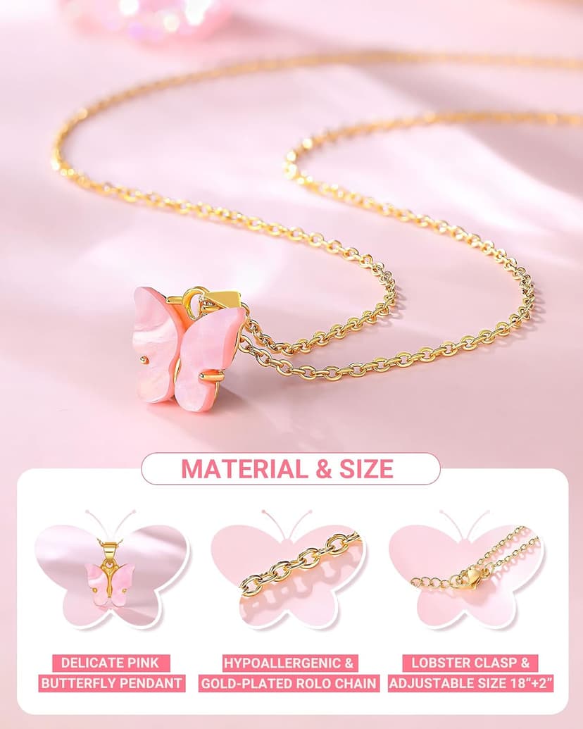 UNGENT THEM Pink Butterfly Necklace-Birthday Gifts for 5-11 Year Old Girl B0DZ6LL4Z9