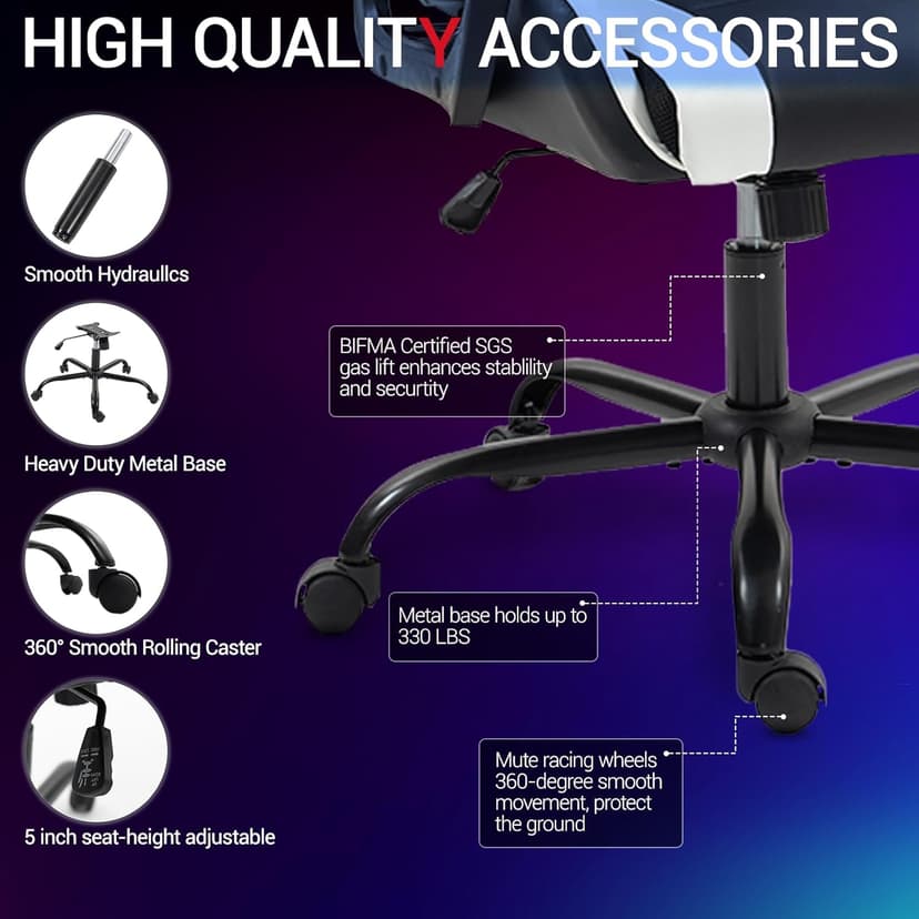 Gaming Chair PU Leather Massage PC Video Game Chair with Lumbar Support for Men Women, Home Office, Height Adjustable, Ergonomic, High Back, White