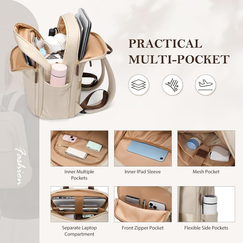 GOLF QUALITY Travel Backpack for Women Personal Carry On Bag Business Weekender Hiking Multilayer Laptop Bag,16 Inch,Apricot