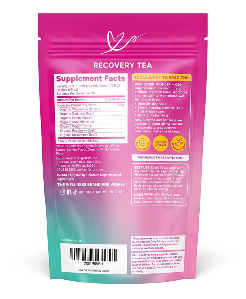 Pink Stork Postpartum Recovery Herbal Tea, Organic Red Raspberry Leaf with Chamomile, Hormone Balance for Women After Labor and Delivery, Strawberry Passion, Hot or Iced, Caffeine-Free, 15 Sachets