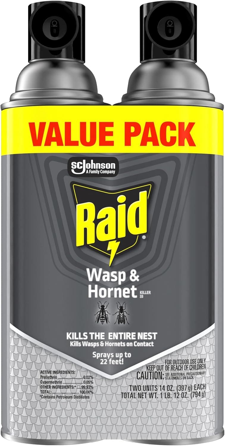 Raid Wasp & Hornet Killer Spray, Kills the Entire Nest, For Paper Wasps, Yellow Jackets, Mud Daubers and more, 14 oz (Pack of 2)