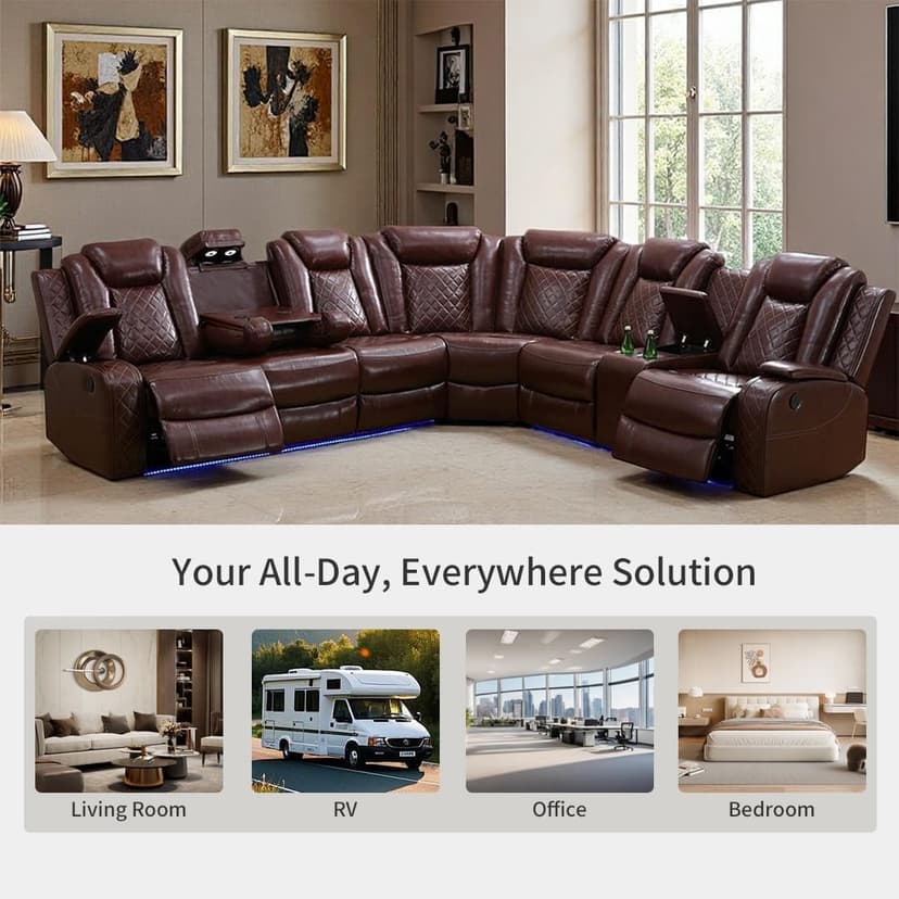Toseslo Power Reclining Sectional Sofa Set with LED Light,Leather Sectional Couches, Living Room Furniture Sets, Modern Power Recliner Sofa Sets with Cup Holder for Living Room(Brown)