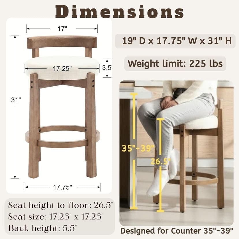 LukeAlon Mid Century Linen Counter Stools Set of 3, Upholstered 26.5" Seat Height Low Barstools with Natural Wood Legs Round Low Back Kitchen Stools with Footrest for Dining Room, Beige