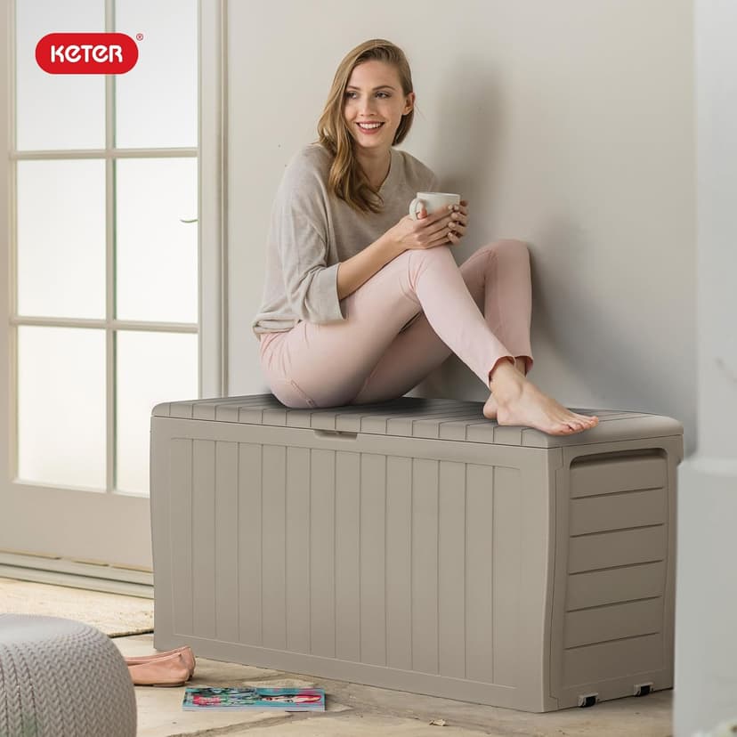 Keter Marvel Plus 71 Gallon Resin Outdoor Storage Box for Patio Furniture Cushions, Throw Pillows, Garden Tools and Pool Floats, Beige