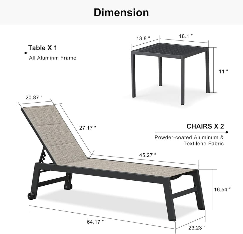 PURPLE LEAF Outdoor Chaise Lounge Set of 2 Aluminum Patio Lounge Chair with Wheels and Side Table Pool Chaise Lounge Chair for Outdoor Backyard Poolside Camel (2 Lounges Chairs W/Table)